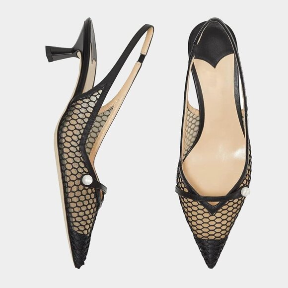 🆕Mesh Slingback Kitten Heel Pumps Women Black Synthetic Pointed Toe Dress Shoes - Picture 7 of 7